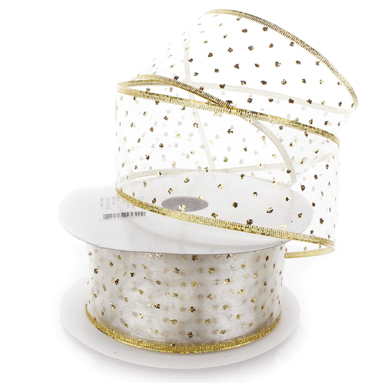 2 1/2" Wired Ribbon Metallic Banded Edge Sheer Glitter Dots Ivory/Gold - 10 Yards